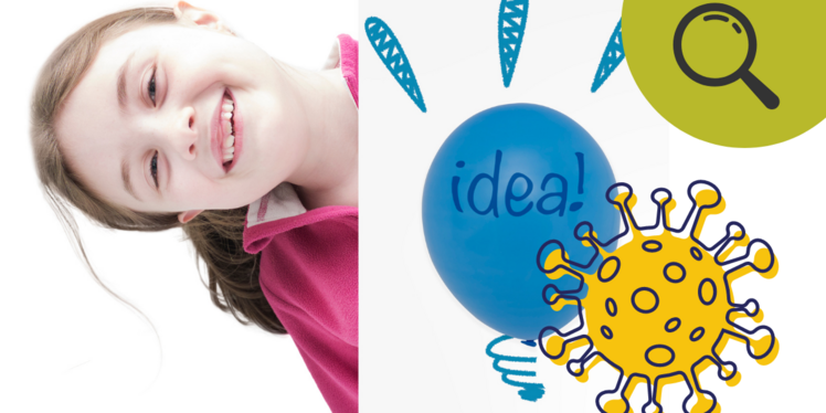 Lachende 8-Jährige, Luftballon mit Aufschrift: idea!