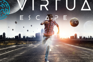 Ein Mann läuft auf einer Straße mit VR Brille auf dem Kopf. Im Hintergrund eine futuristische Stadt.