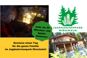 Logo Jagdmärchenpark Hirschalm, Foto Mädchen schaut auf den gefundenen Bergkristall, Hüttenurlaub auf der Hirschalm