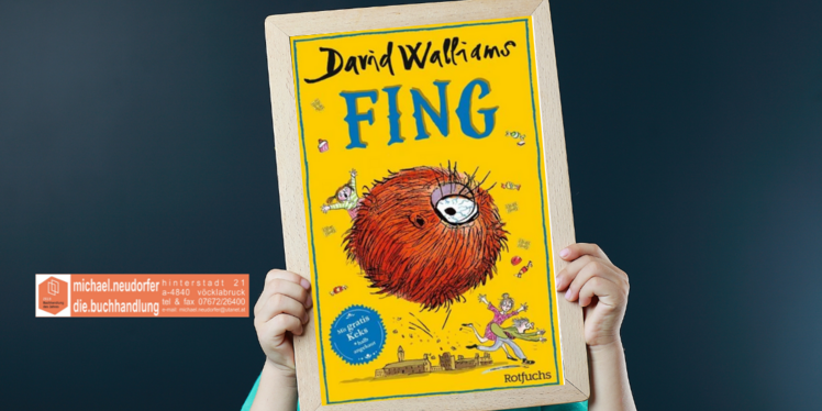 Cover des Buches "Fing" von David Williams. Gelber Hintergrund mit oranger Wuschel-Kugel. 