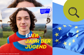 Sujet des Europäischen Jahres der Jugend und EU-Flagge im Hintergrund