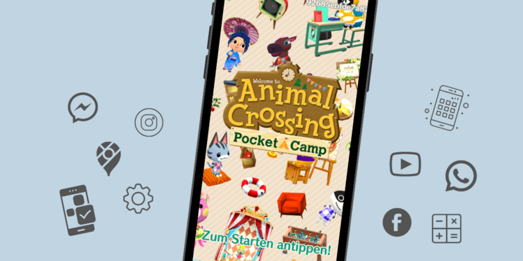 Smartphone mit geöffneter App: Animal Crossing: Pocket Camp