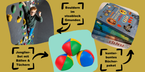 Kind an der Boulderwand im stoablock Gmunden, 3 Jonglierbälle, 3 Bücher auf einem Stapel. Das sind die Preise des Schätzspiels. 