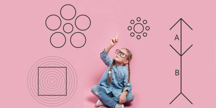 Ein Schulmädchen sitzt in der Mittes des Bildes. Rundherum gibt es optische Täuschungen mit Kreisen und Linien.