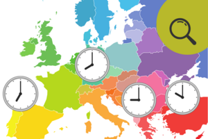 Bunte Europa-Landkarte mit Uhren, die unterschiedliche Zeit anzeigen. Portugal 7 Uhr, Österreich 8 Uhr, Griechenland 9 Uhr, Türkei 10 Uhr, Moskau in Russland 10 Uhr 