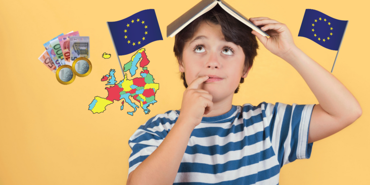 Buch hält Buch am Kopf und überlegt. Länderkarte der EU, EU-Flagge, Euro-Scheine und Münzen